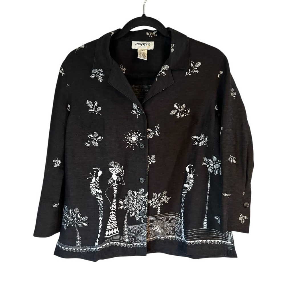Easy Spirit African Print Embroidered Women’s Linen Silk Blend Boxy Top Size S